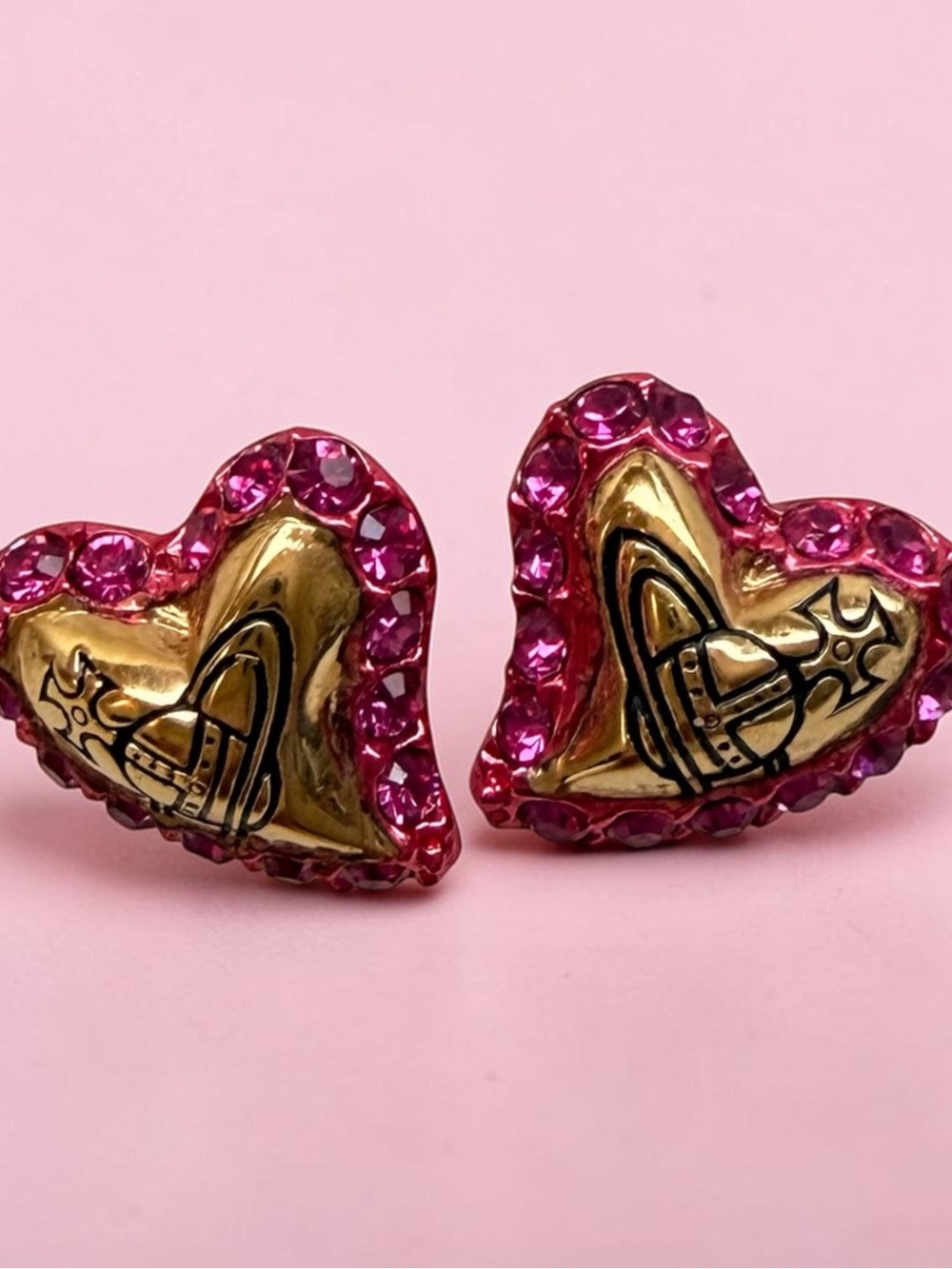 Vivienne Westwood Gold Heart Earrings with Hot Pink Crystals